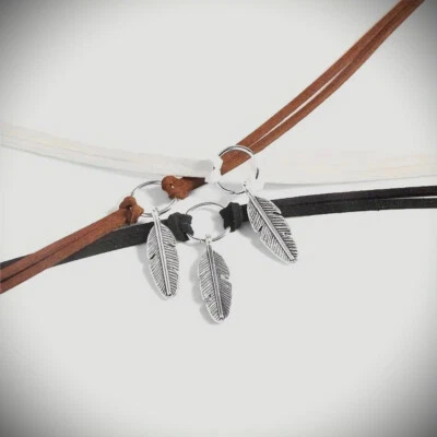 Halsband Choker Halskette Feder Blatt Anhänger PU Leder Samt Edelstahl Silber - Bild 1 von 3