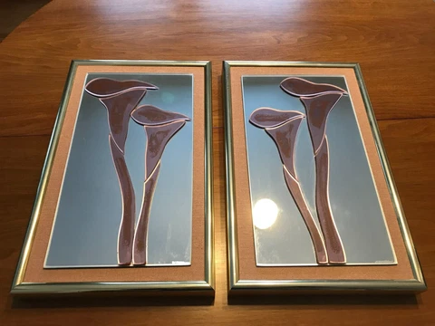 Pair Vintage 1980s Art Decorative Wall Mirror Calla lily Gold Mauve Pink Signed Cover