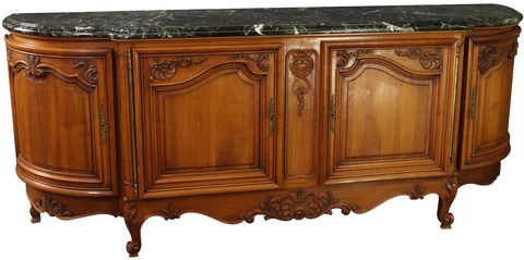 Sideboard Louis XV Rococo Vintage 1950 Green Marble Top Walnut Wood French Cover