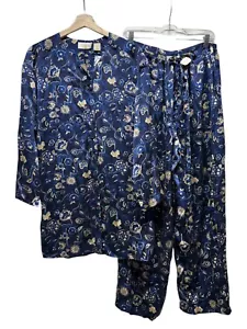 Vtg Victorias Secret Silk Pajama Set M/L Floral Long Sleeve Button Up Pants Blue - Picture 1 of 8