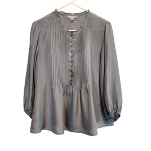 Garnet Hill- 100% Silk Pin-Tucked Long Bishop Sleeve Tunic Popover Blouse, Size - Picture 1 of 11