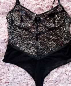 Haute Monde SHEER BODYSUIT✨Black w/Gold Sequins, Peek-a-Boo Back, Thong, Large - Picture 1 of 6