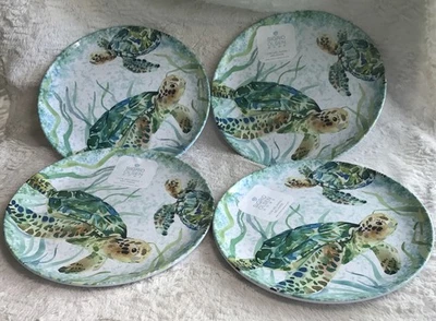 Sigrid Olsen Sea Turtles Grass Melamine Dinner Plates Set 4 Tropical Coastal NEW - Image 1 of 4