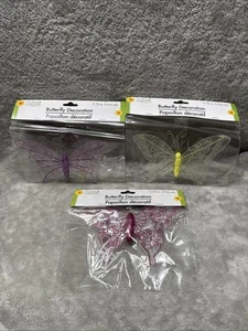 Set Of 3 Floral Garden Pink Purple Yellow Butterfly Decoration 7.72’ Lot New - Picture 1 of 5
