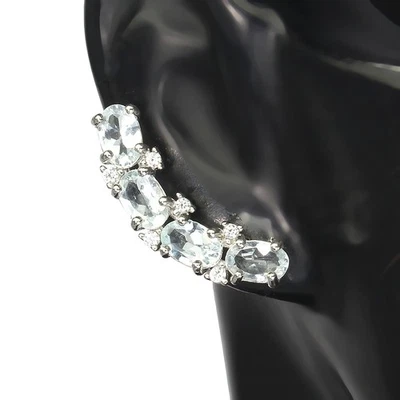 Unheated Oval Blue Aquamarine 6x4mm Simulated Cz 925 Sterling Silver Earrings - Image 1 of 4