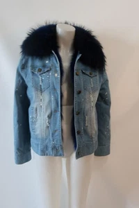 Womens Daniella Erin NYC Blue Rabbit Fur Lined Raccoon Fur Collar Denim Jacket L - Picture 1 of 8