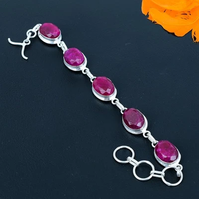 Kashmir Red Ruby Gemstone Handmade 925 Sterling Silver Jewelry Bracelet 7-8" - Image 1 of 4