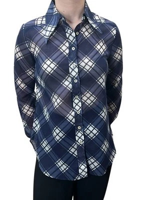 Nuevo de Colección Años 70 S/M TRANSPARENTE Blusa Cuello DAGA Azul Camisa a Cuadros Top Casa Junior Foto 1 de 4