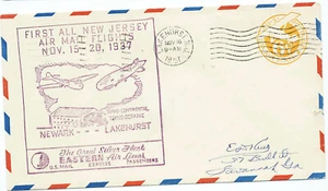 US 1937 First Flight Cover Lakehurst Eastern Air Lines All New Jersey Cachet - Picture 1 of 2