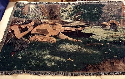 Dramática manta tejida escena de caza de pavo nativo americano 66" x 48" Foto 1 de 4