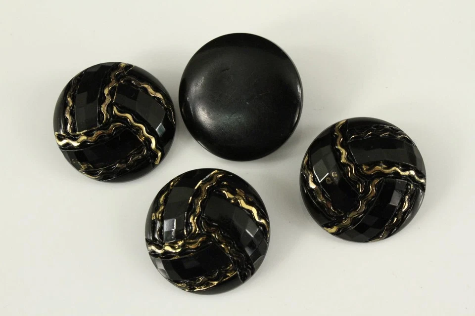 Vintage MOURNING Buttons Black Glass & Gold Shank 3PC Lot 1-1/8" Wide - Image 1 of 2