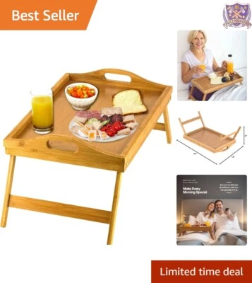 Bandeja de mesa de cama de bambú 18x12 pulgadas patas plegables asas para desayuno, uso en computadora portátil Foto 1 de 4