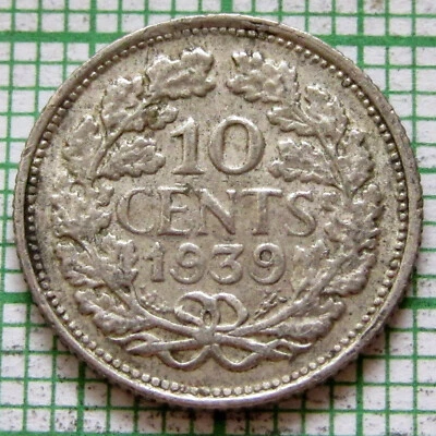PAÍSES BAJOS WILHELMINA 1939 10 CENTAVOS PEQUEÑAS 0,640 MONEDAS DE PLATA SEGUNDA GUERRA MUNDIAL Foto 1 de 4