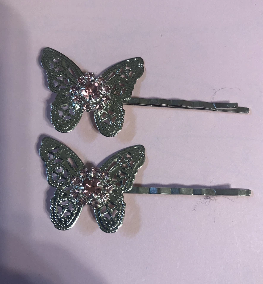 (2) Retro Silver Filigree Butterfly  W/ Pink Flower Crystal Cabochon Bobby Pins - Image 1 of 1