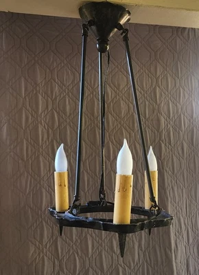 Vintage Antique Old Mission Spanish, Arts Crafts, Gothic 3 Light Iron Chandelier - Image 1 of 4