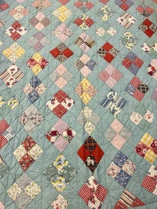 VTG antique Handmade hand stitch Four patch on point Feed Sack QUILT All Cotton - Picture 1 of 24