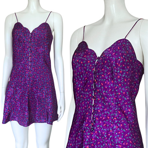 UNDERCOVER Mini Abito Vintage Victoria's Secret Etichetta Oro Viola Stampa Confetti Raso Slip