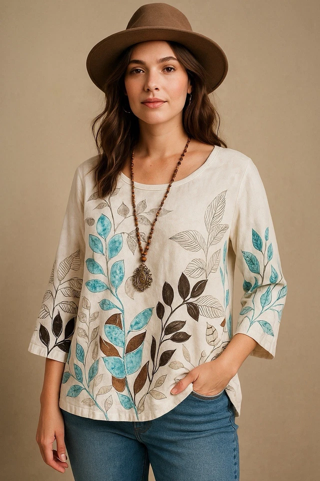 Camiseta Additions By Chicos Mujer Manga 3/4 Algodón Talla Grande 3 Blanca Floral Foto 1 de 4