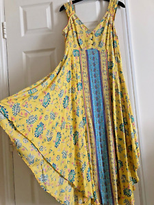 Monsoon Yellow & Blue Floral Print Handkerchief Hem Beach Dress, Size XL ? 20-22