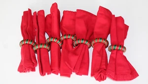 Red Cloth Napkins with Red Green & Gold Christmas Napkin Rings Set of 7 - Picture 1 of 7