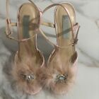 Betsy Johnson Satin /Feather /Stones Pink Stappy Heels Barbiecore Womens Size 6