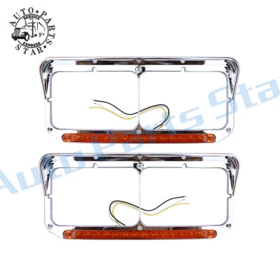 Chrome Headlight Bezel w/Amber LED Bar+Lens Set For Kenwroth T600 W900 Peterbilt Foto 1 de 4