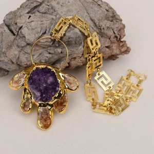Gold Plated Chain Necklace Huge Amethyst Druzy Raw Citrine Pendant Lady Holiday - Picture 1 of 12