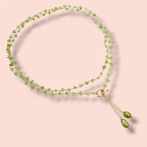 Green Peridot Necklace Freshwater Pearl Tassel Pendant Wire Wrapped 36in OOAK - Picture 1 of 9