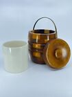 1960s Wood Ice Bucket Butcher Block Style Cookie Jar Wood Cannister Lid Brass