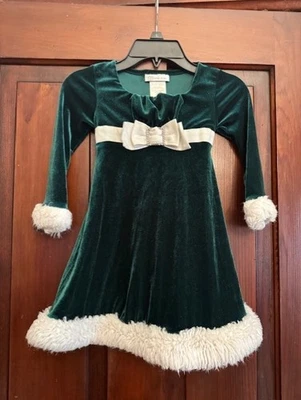 Bonnie Jean Girl's Green Velvet Glitter White Fur Christmas Dress Size 4/4T - Image 1 of 3