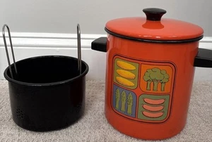 Vintage MCM Enamelware Vegetable Stock Pot Camping Pot With Insert & Lid - Picture 1 of 11