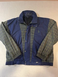 Giacca a vento vintage TPC Golf verde a quadri e blu con zip e bottoni taglia XL - Foto 1 di 9