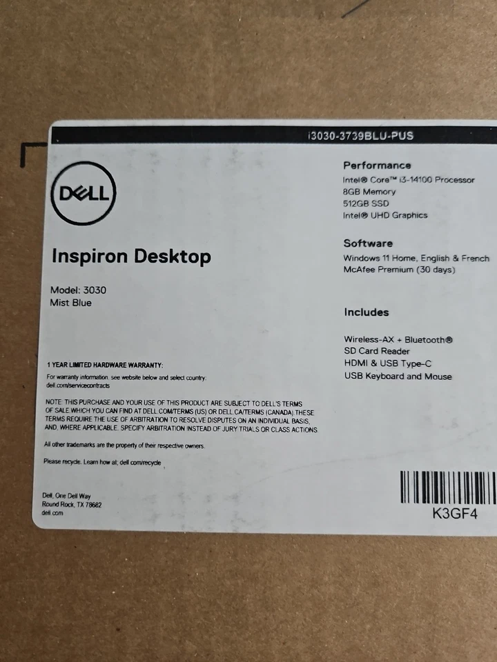 DELL INSPIRON DESKTOP 3030 I3-14100 8GB RAM 512GB SSD New Factory Sealed - Image 1 of 1