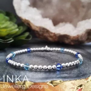 Inka 925 Sterling Silver 4mm Blue bead Stacking Bracelet with Inka charm - Picture 1 of 6