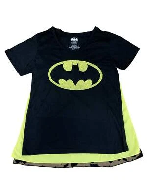 Batman Junior Womens Black & Yellow Cape Beaded Logo T-Shirt Costume Tee Top - Image 1 of 2