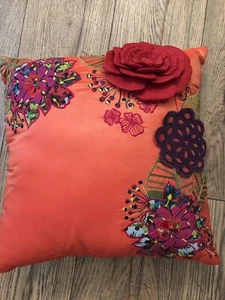 Vintage Pier One Boho Chic bestickt Dekokissen orange & rot Blumen 16" x 16" - Bild 1 von 7