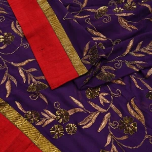 Vintage Heavy Purple Dupatta Pure Georgette Silk Long Stole Hand Embroidered - Picture 1 of 20