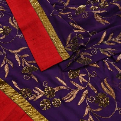 Vintage Heavy Purple Dupatta Pure Georgette Silk Long Stole Hand Embroidered - Image 1 of 4