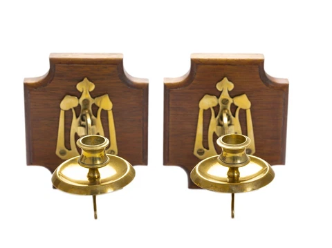 Pair Antique Art Nouveau Brass Wall Sconce Candlesticks On Wood Mounts c.1905 Cover