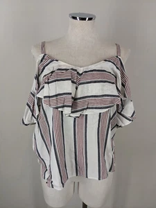 Neu Ann Taylor LOFT Cold Shoulder S Top Bluse Streifen Rüschen weiß grau rot - Bild 1 von 5