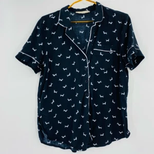Loft Womens Pajama Top Black White Dog Pocket Button Short Sleeve Collared M - Picture 1 of 4