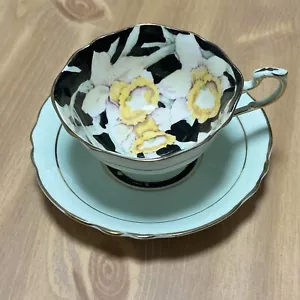 PARAGON - Tazza da tè e piattino vintage narcisi tulipani - nero, oro e verde menta - Foto 1 di 6