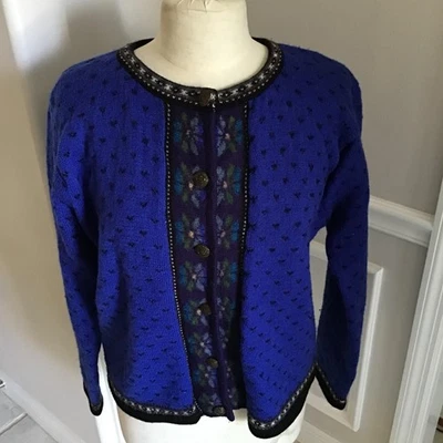 Tally Ho Sweater Cardigan Wool Royal Blue Nordic Fair Isle Vintage Large - Image 1 of 4