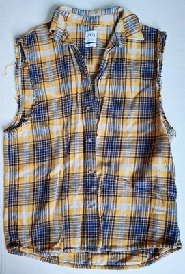 Zara Women's Yellow and Blue Plaid Relaxed Fit Sleeveless Button Down Shirt Vest - Image 1 of 4