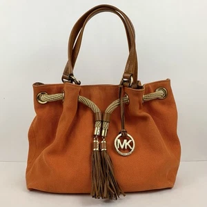Michael Kors Bucket Bag Canvas Orange Large Tassel Leather Trim Hobo Tote Purse - Picture 1 of 23