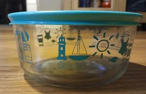 PYREX 4 Cup SUMMER FUN Glass Storage Bowl BEACH LIGHTHOUSE SAILBOAT FISH SWIM - Picture 1 of 6