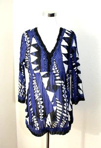 ALBERTO MAKALI Top Blouse 3/4 Sl Black White Blue Op Art / Crinkled Sz. XL #03 - Picture 1 of 11