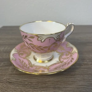 Vintage Royal Stafford Bone China Footed Teacup Saucer Set Pink Gold White - Picture 1 of 9