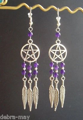 Amethyst Bead Pentagram Dreamcatcher Dangly Feather Charm Earrings - Wicca - Image 1 of 3