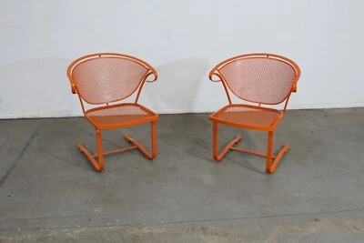 Pair of Mcm Orange Salterini Style Outdoor Metal Curved Back Springer Chairs - Image 1 of 4